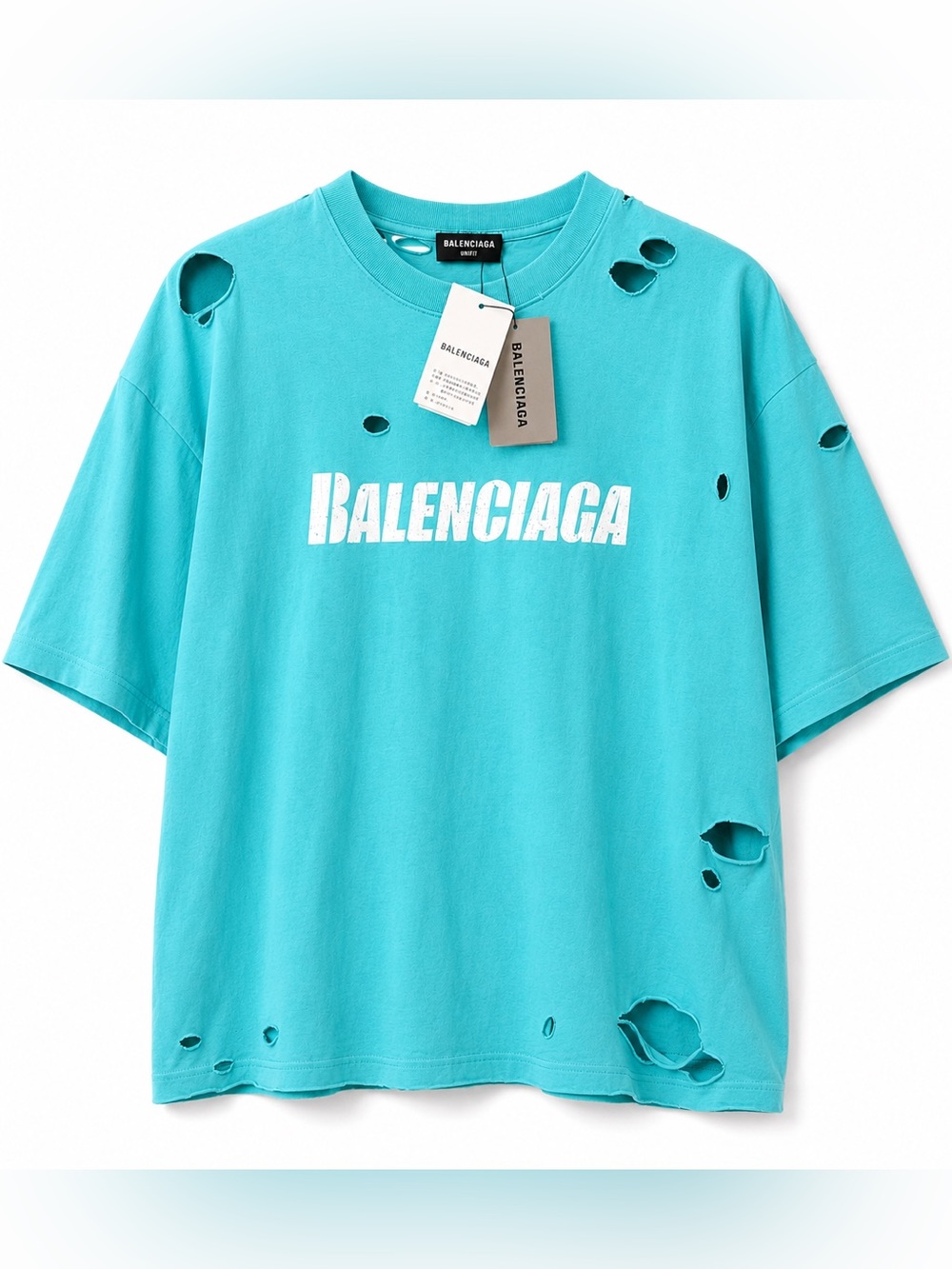 Balenciaga Teal Distressed Logo Tee